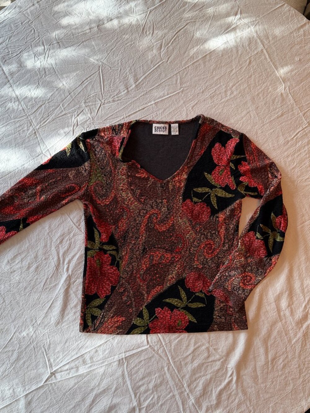 Chico’s Design Floral Paisley Top Red Black Gold Long Sleeve Whimsigoth